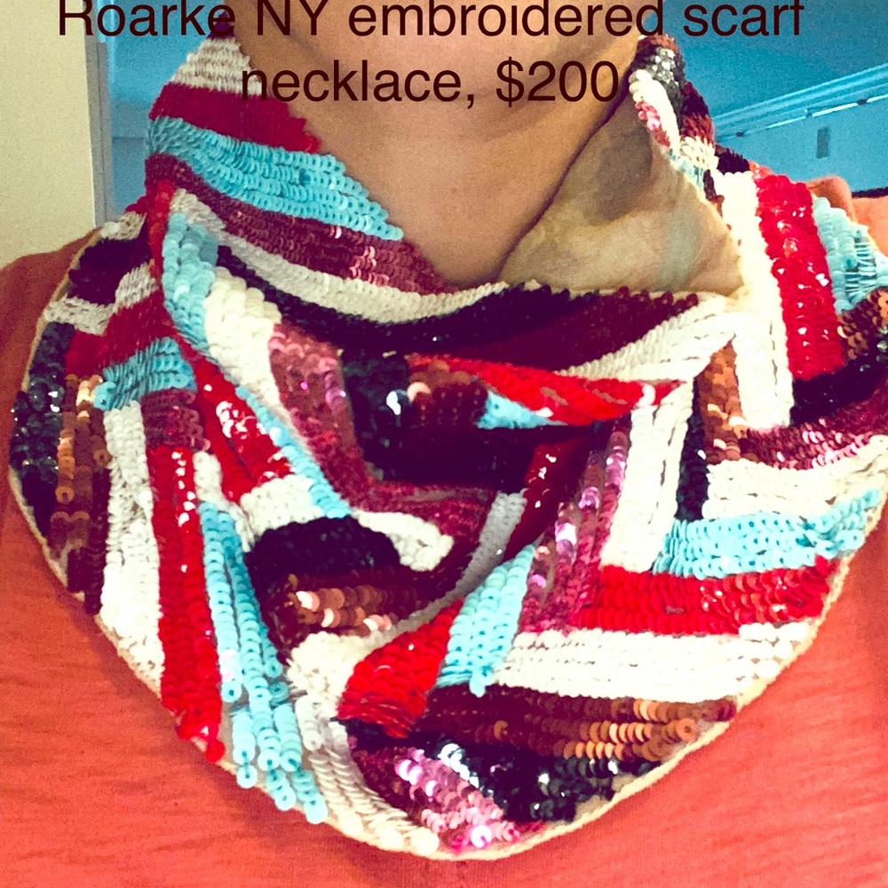 Roarke NY silk embroidered scarf necklace